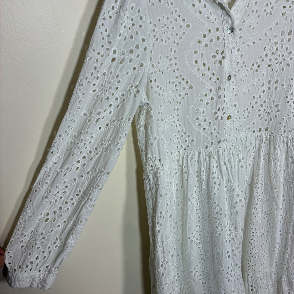 Zara Eyelet Embroidered Tiered Midi Dress Size M White Long Sleeve Bridal Beachy - Picture 5 of 10